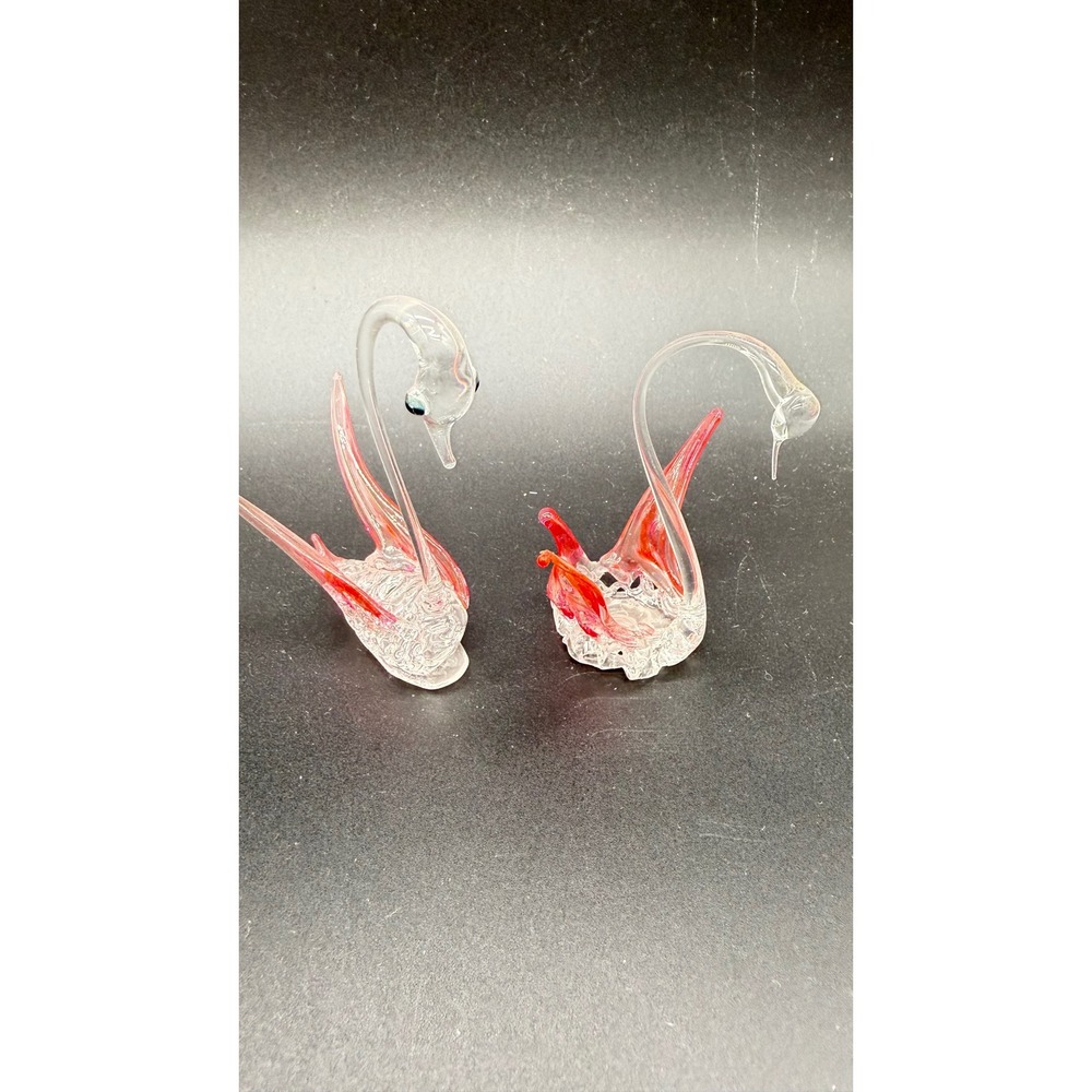 Vintage Hand Blown Art Glass Swan Figurine Pair Clear Red Orange Swirl Set of 2